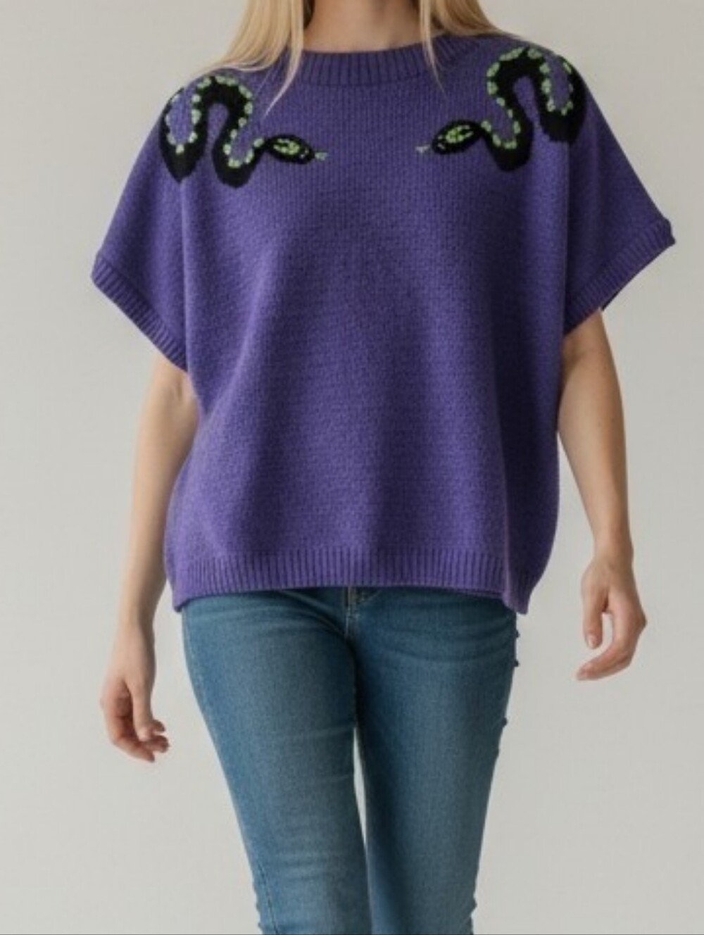 Purple Short-Sleeve Crewneck Sweater with Snake Motif Witchy